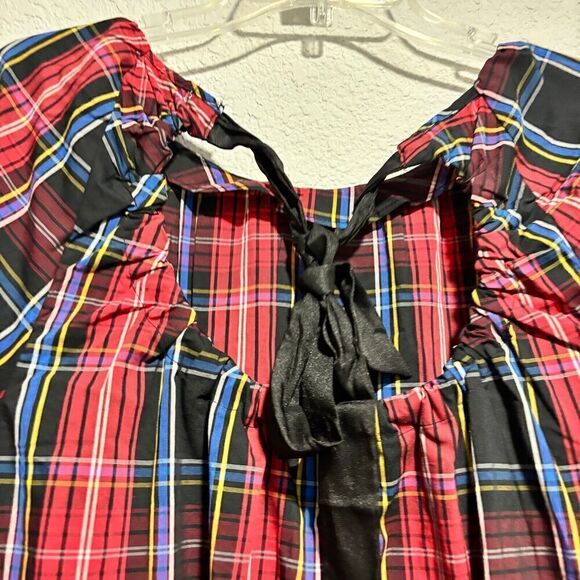 Draper James RSVP Tiered Midi Dress XL Red Black Plaid Smocked Bow Back Stretch - Picture 7 of 12